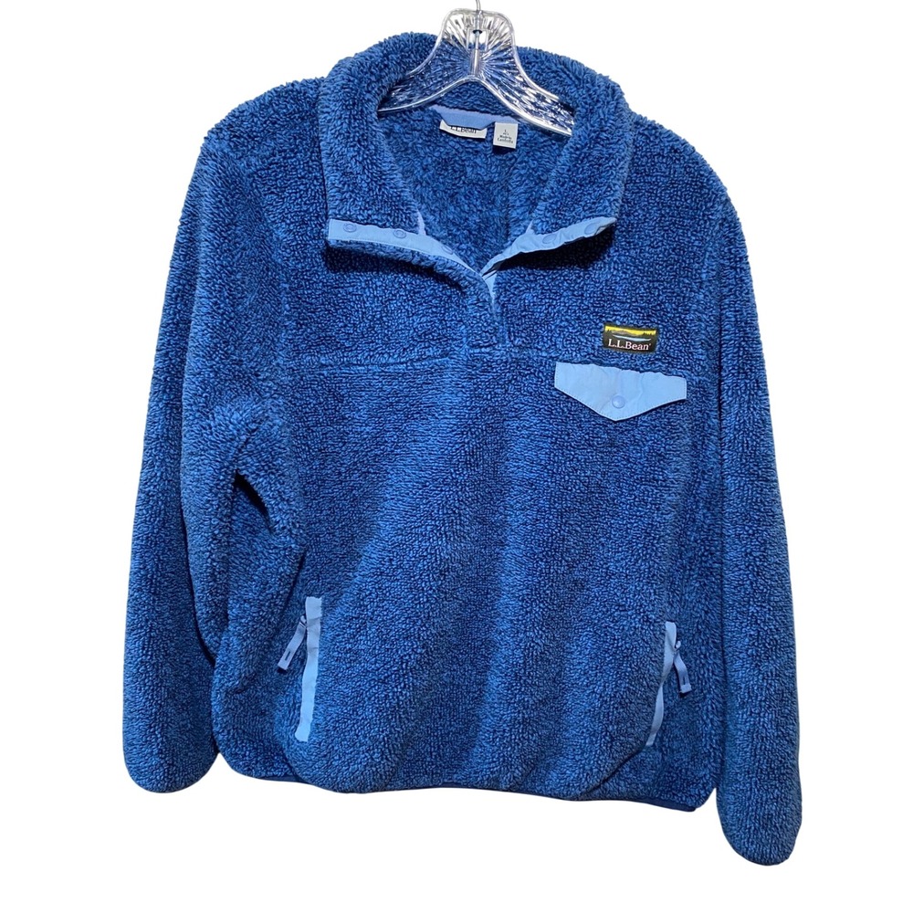LL Bean Hi-Pile Fleece Pullover Blue Snap Neck Sherpa Jacket Womens Large Petite